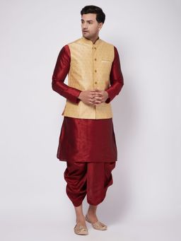 Vastramay - Mens Gold with Maroon Silk Blend Jacket Kurta and Dhoti (Set of 3)