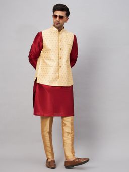 Vastramay - Mens Maroon with Rose Gold Silk Blend Jacket Kurta and Pyjama (Set of 3)