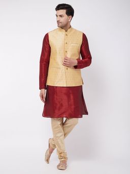 Vastramay - Mens Maroon Silk Blend Jacket Kurta and Pyjama (Set of 3)