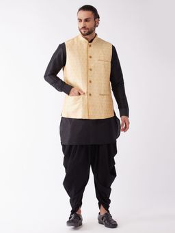Vastramay - Mens Black with Gold Silk Blend Jacket Kurta and Dhoti (Set of 3)