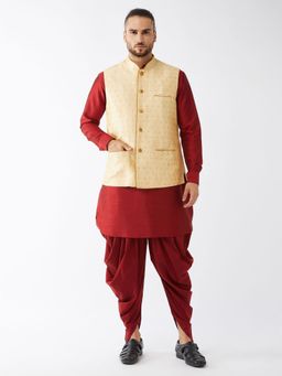 Vastramay - Mens Maroon with Gold Silk Blend Jacket Kurta and Dhoti (Set of 3)
