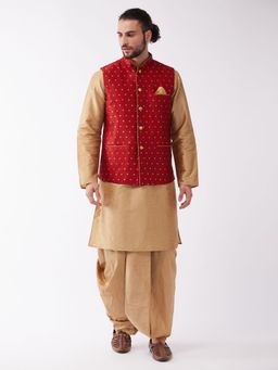 Vastramay - Mens Rose Gold with Maroon Silk Blend Jacket Kurta and Dhoti (Set of 3)