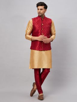 Vastramay - Mens Rose Gold with Maroon Silk Blend Jacket Kurta and Pyjama (Set of 3)
