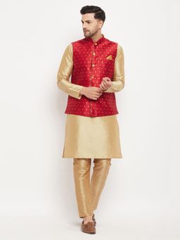 Vastramay - Mens Rose Gold with Maroon Silk Blend Jacket Kurta and Pyjama (Set of 3)