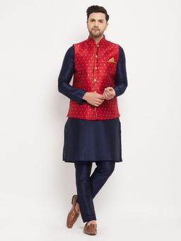 Vastramay - Mens Navy Blue with Maroon Silk Blend Jacket Kurta and Pyjama (Set of 3)