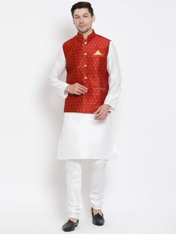 Vastramay - Mens White Silk Blend Jacket Kurta and Pyjama (Set of 3)