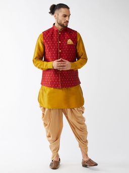 Vastramay - Mens Mustard Maroon with Rose Gold Silk Blend Jacket Kurta and Dhoti (Set of 3)
