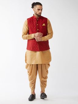 Vastramay - Mens Rose Gold with Maroon Silk Blend Jacket Kurta and Dhoti (Set of 3)