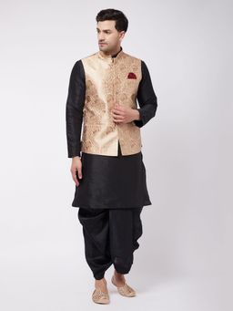 Vastramay - Mens Gold with Black Silk Blend Jacket Kurta and Dhoti (Set of 3)