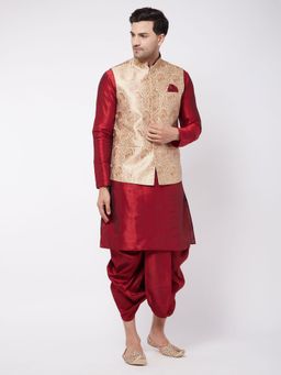 Vastramay - Mens Gold with Maroon Silk Blend Jacket Kurta and Dhoti (Set of 3)