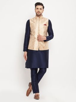 Vastramay - Mens Navy Blue with Rose Gold Silk Blend Jacket Kurta and Pyjama (Set of 3)