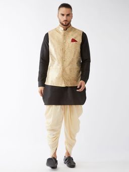 Vastramay - Mens Black Rose Gold Silk Blend Jacket Kurta and Dhoti (Set of 3)