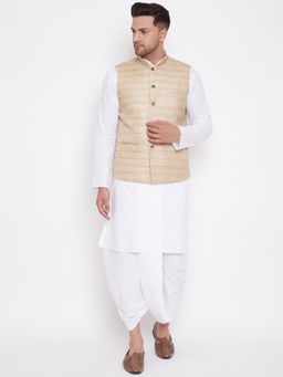 Vastramay - Mens Beige with White Cotton Blend Jacket Kurta and Dhoti (Set of 3)