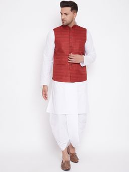 Vastramay - Mens Maroon with White Cotton Blend Jacket Kurta and Dhoti (Set of 3)