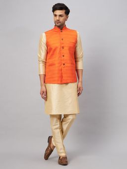 Vastramay - Mens Gold with Orange Silk Blend Jacket Kurta and Pyjama (Set of 3)