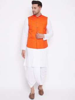 Vastramay - Mens Orange with White Cotton Blend Jacket Kurta and Dhoti (Set of 3)
