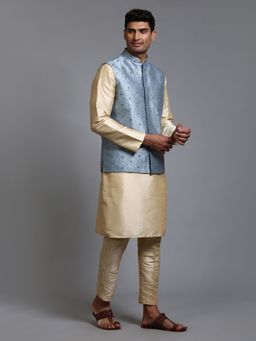Vastramay - Mens Grey with Gold Silk Blend Jacket Kurta and Pyjama (Set of 3)