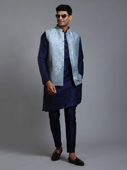 Vastramay - Mens Grey with Navy Blue Silk Blend Jacket Kurta and Pyjama (Set of 3)