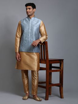 Vastramay - Mens Grey with Rose Gold Silk Blend Jacket Kurta and Pyjama (Set of 3)