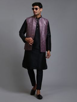 Vastramay - Mens Purple with Black Silk Blend Jacket Kurta and Pyjama (Set of 3)