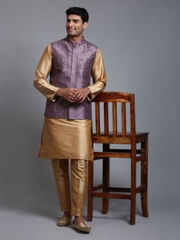 Vastramay - Mens Purple with Rose Gold Silk Blend Jacket Kurta and Pyjama (Set of 3)