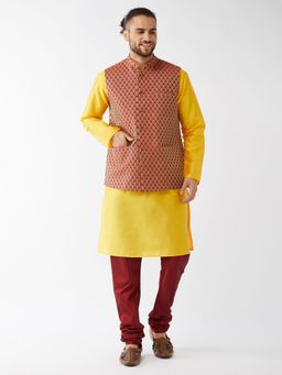 Vastramay - Mens Yellow with Maroon Silk Blend Jacket Kurta and Pyjama (Set of 3)
