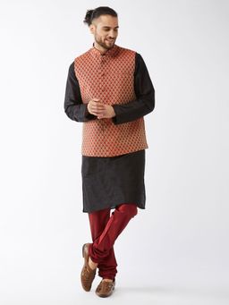 Vastramay - Mens Black with Maroon Silk Blend Jacket Kurta and Pyjama (Set of 3)