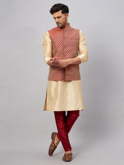 Vastramay - Mens Gold with Maroon Silk Blend Jacket Kurta and Pyjama (Set of 3)