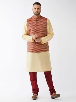 Vastramay - Mens Gold with Maroon Silk Blend Jacket Kurta and Pyjama (Set of 3)