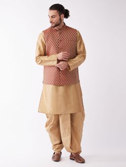 Vastramay - Mens Rose Gold with Maroon Silk Blend Jacket Kurta and Dhoti (Set of 3)