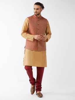Vastramay - Mens Rose Gold with Maroon Silk Blend Jacket Kurta and Pyjama (Set of 3)