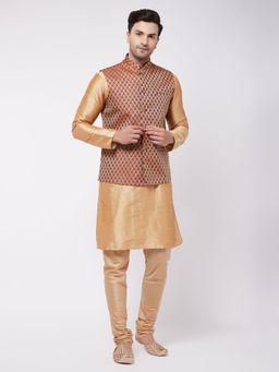Vastramay - Mens Rose Gold Silk Blend Jacket Kurta and Pyjama (Set of 3)