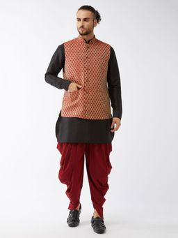 Vastramay - Mens Black with Maroon Silk Blend Jacket Kurta and Dhoti (Set of 3)