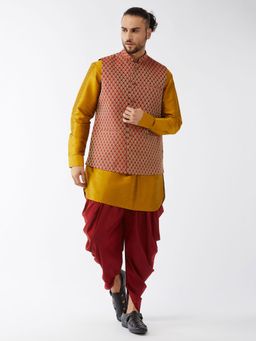 Vastramay - Mens Mustard with Maroon Silk Blend Jacket Kurta and Dhoti (Set of 3)