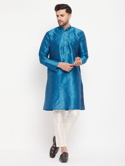 Vastramay - Mens Turquoise with Cream Silk Blend Kurta and Pyjama (Set of 2)