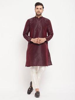 Vastramay - Mens Wine with Cream Silk Blend Kurta and Pyjama (Set of 2)