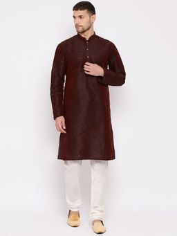 Vastramay - Mens Wine Silk Blend Kurta and Pyjama (Set of 2)