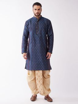 Vastramay - Mens Blue with Gold Silk Blend Kurta and Dhoti (Set of 2)