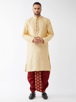 Vastramay - Mens Beige with Maroon Silk Blend Kurta and Dhoti (Set of 2)