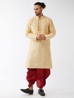 Vastramay - Mens Beige with Maroon Silk Blend Kurta and Dhoti (Set of 2)