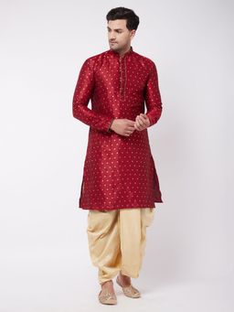 Vastramay - Mens Maroon with Gold Silk Blend Kurta and Dhoti (Set of 2)