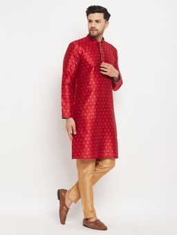 Vastramay - Mens Maroon with Rose Gold Silk Blend Kurta and Pyjama (Set of 2)