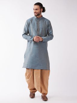 Vastramay - Mens Aqua Blue with Rose Gold Silk Blend Kurta and Dhoti (Set of 2)