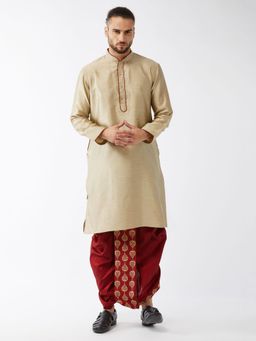 Vastramay - Mens Beige with Maroon Silk Blend Kurta and Dhoti (Set of 2)