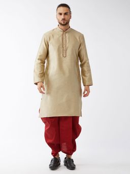 Vastramay - Mens Beige with Maroon Silk Blend Kurta and Dhoti (Set of 2)