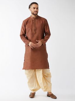 Vastramay - Mens Brown with Gold Silk Blend Kurta and Dhoti (Set of 2)