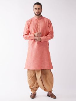 Vastramay - Mens Pink with Rose Gold Silk Blend Kurta and Dhoti (Set of 2)