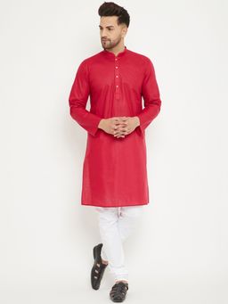 Vastramay - Mens Red with White Cotton Kurta and Pyjama (Set of 2)