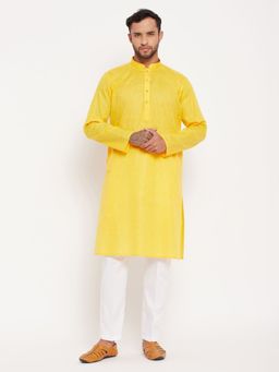 Vastramay - Mens Yellow with White Cotton Kurta and Pyjama (Set of 2)