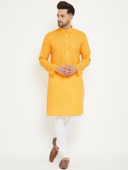 Vastramay - Mens Yellow with White Cotton Blend Kurta and Pyjama (Set of 2)